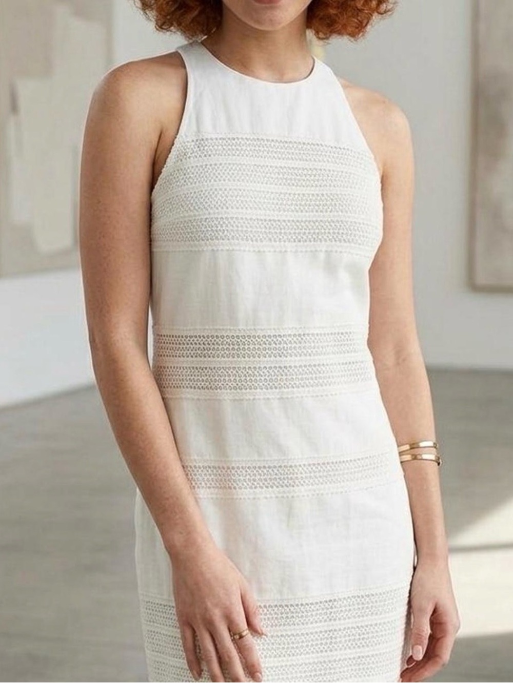LOFT White Halter Lace-Panel Midi Dress